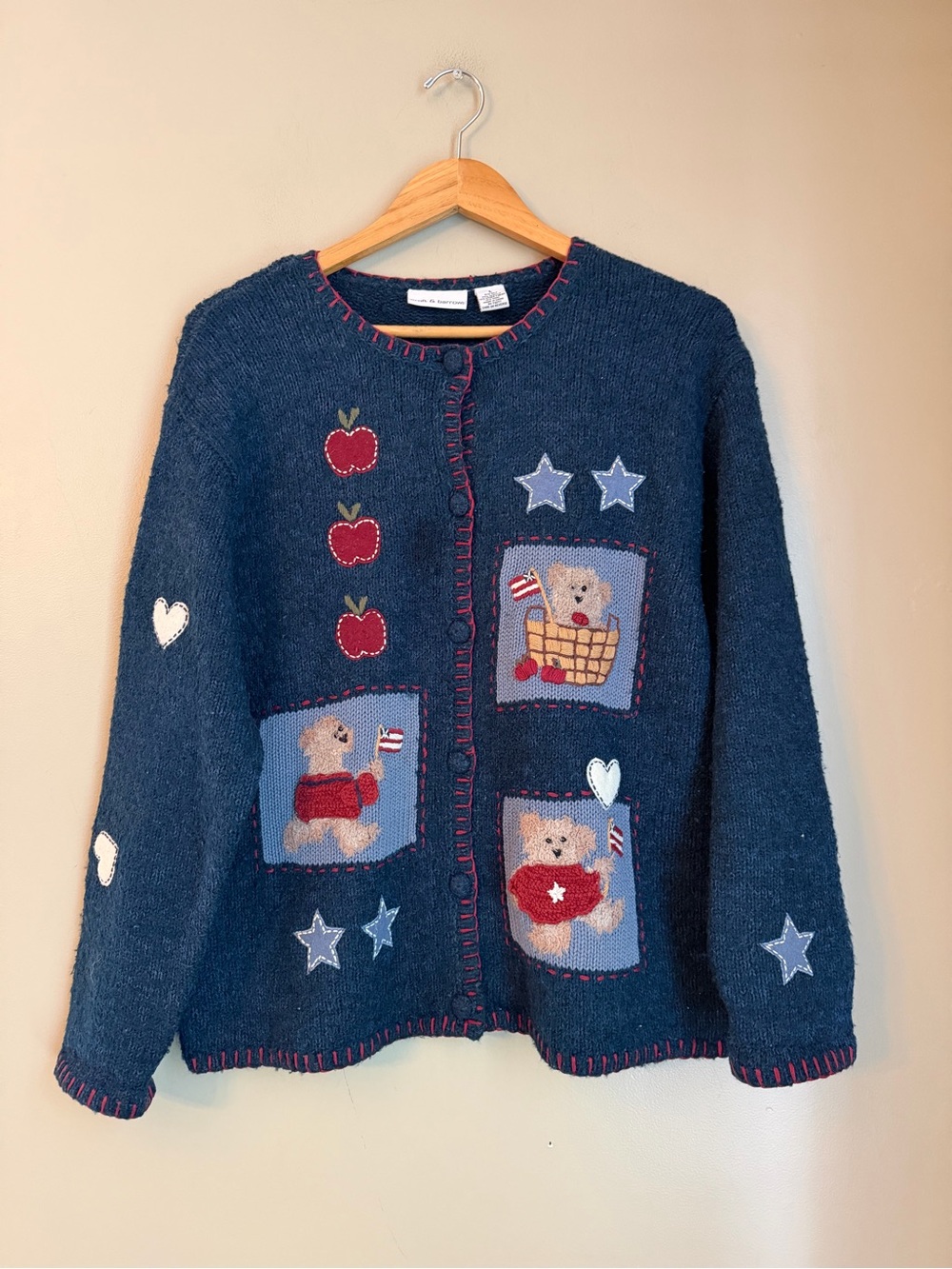 Vtg Croft & Barrow Teddy Bear Apple Patriotic Silk Wool Blend Teacher Cardigan
